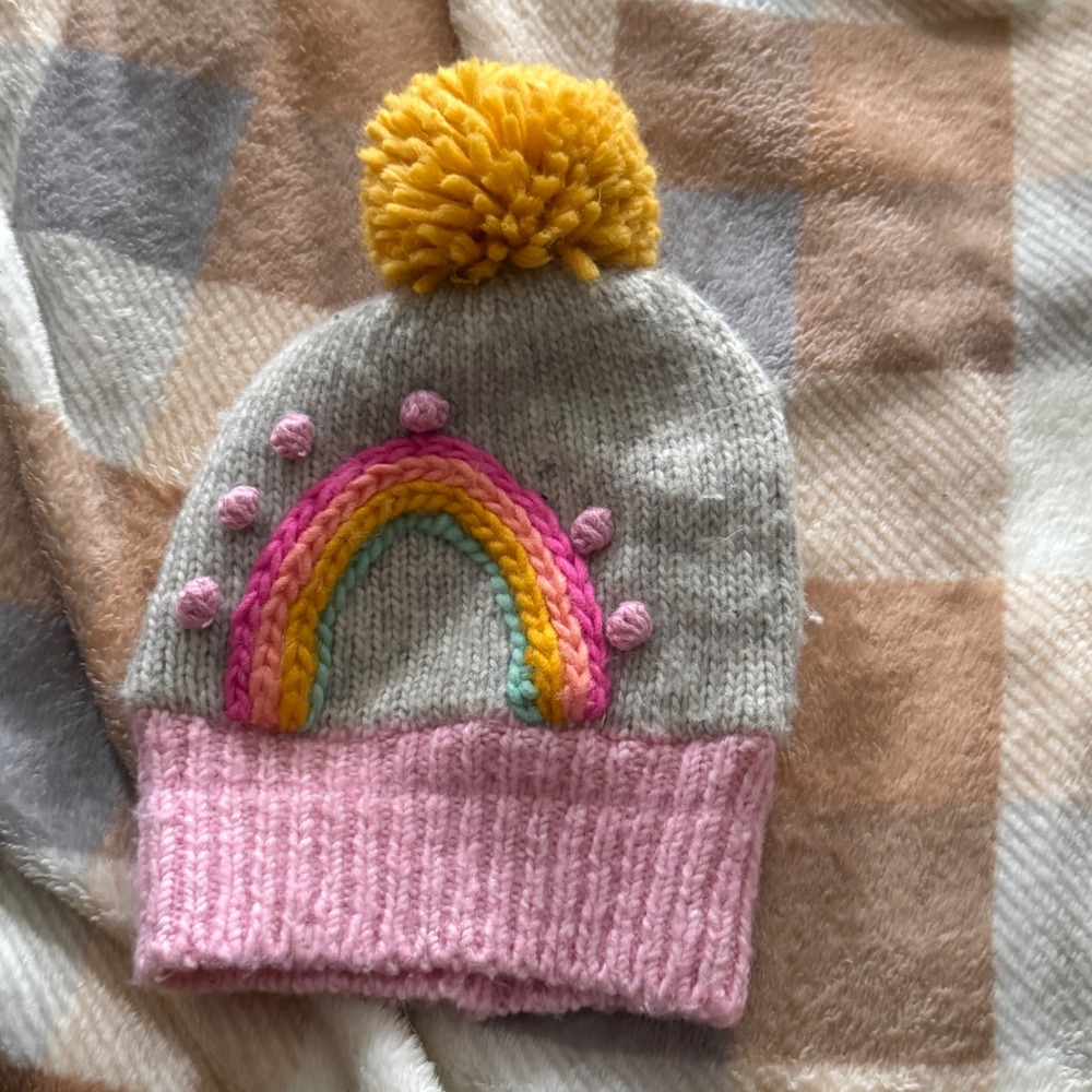 Kids Knit Beanie Hat‎ Rainbow Pom Pom Gray Pink Cozy Winter Warm